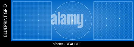 Square blueprint bg with circular millimeter compass and isometric guides. Radial ruler math grid, architectural plan template texture. Geometric Stock Vector
