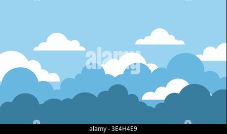 Simple vector graphic illustration depicting layers of blue and white stylized clouds against a clear sky background. Stock Vector