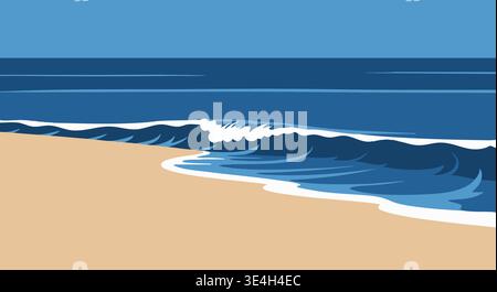 Minimalist vector illustration design depicting a rolling ocean wave crashing onto a sandy beach shore. Stock Vector