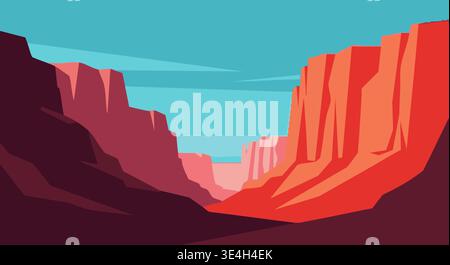 A vibrant vector illustration depicting a grand canyon landscape with striking red cliffs under a blue sky. Stock Vector