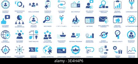 Marketing strategy icon set featuring audience targeting, customer journey, SEO, and digital marketing concepts. Includes elements like campaign plann Stock Vector