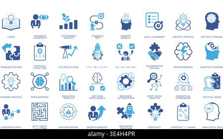 Strategic thinking icon set featuring business planning, problem solving, leadership, and decision-making concepts. Modern flat and line style icons s Stock Vector