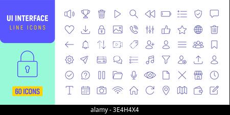UI line simple icon set. Profile user web menu ux interface mobile line symbol design Stock Vector