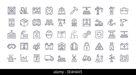 Factory industry construction line icon set. Warehouse vector factory technology service production outline tool Stock Vector