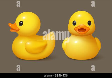 3d duck rubber yellow bathroom toy element. Yellow duck 3d kid baby rubber side front view icon object Stock Vector