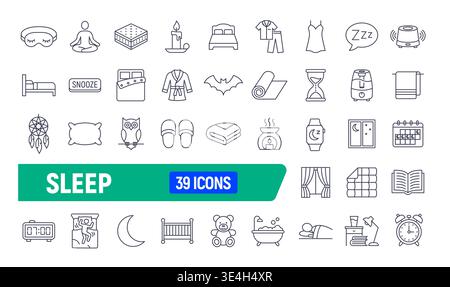 Sleep relax line icon set. Body exercise sleep stress balance mood care pictogram bed Stock Vector