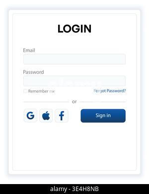 Comprehensive login screen design featuring email and password inputs, remember me option, forgot password link, and social media sign in buttons. Cle Stock Vector