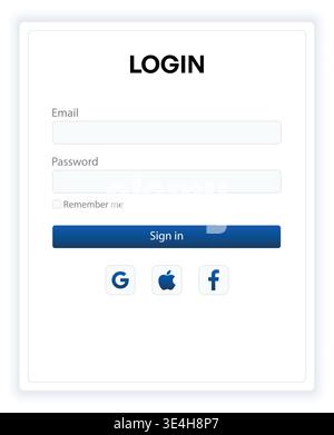 Modern login interface featuring email and password fields with a remember me checkbox. Clean layout and user-friendly design ideal for web and mobile Stock Vector
