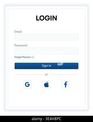 Modern login interface with email and password fields plus social media sign in buttons. Clean layout designed for seamless authentication experience Stock Vector