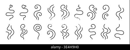 Steam and smoke icon set hand drawn doodle line set. Flowing swirls and curved lines representing aroma waves air scent. Minimal linear symbols soft motion, abstract vapor shapes and dynamic fluid Stock Vector