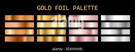 Gold Foil Palette. Copper swatch for metal degrade strip color effects. Luxury Vector set. Rose Gold, silver, or champagne texture patterns with Stock Vector