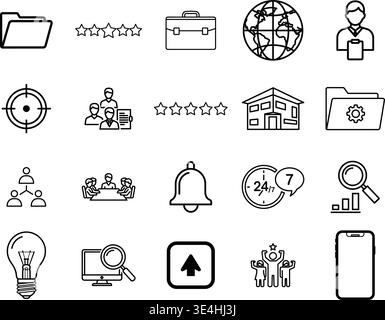 A collection of various business and communication icons in a grid layout with black lines on a depicting objects and concepts related to work, people Stock Vector