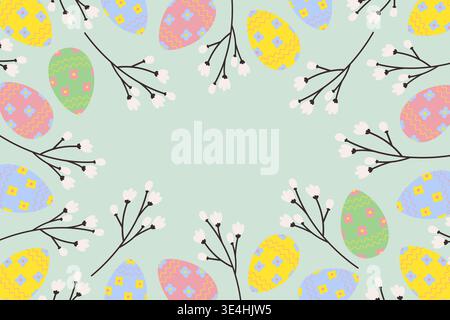 Easter Eggs and blooming sprigs Rectangular Frame border Minimalistic flat design Copyspace Template. Vector illustration Easter Holiday promo or media post template, banner, leaflet, label, price tag Stock Vector