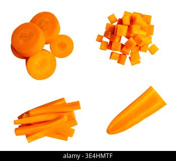 Top view set of orange carrot slices in cube circle and stick shapes in stack is isolated on white background with clipping path. Stock Photo