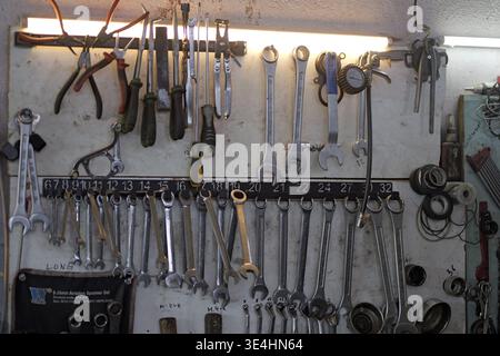 Organized workshop tool board with pliers, screwdrivers and a full set of wrenches from 6 to 32, displayed on a pegboard under bright lighting with a Stock Photo
