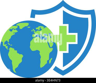 A flat icon featuring a green and blue Earth globe with a medical shield, representing worldwide health insurance. Stock Illustration. Stock Vector