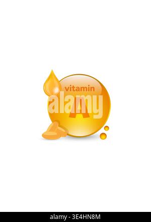 Golden vitamin A oil capsule and droplet graphic for healthcare, nutrition, and dietary supplement design projects. Stock Illustration. Stock Vector