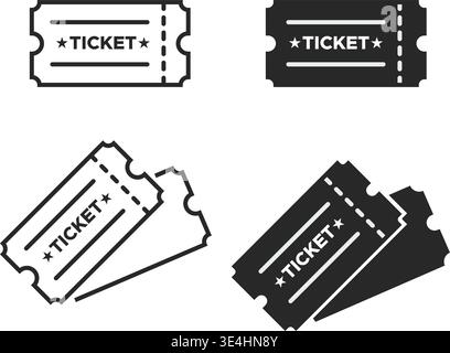Vector collection of black and white movie, concert, and event ticket icons featuring perforated stubs and star details. Stock Vector