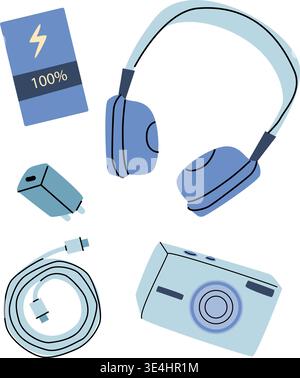 Phone and camera essential kit. Trip items, power bank, usb connect for phone and camera, headphones. Travel phone essentials in cartoon flat style. Stock Vector