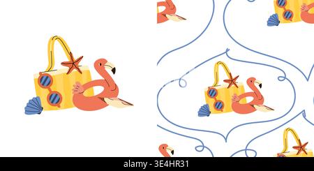 Set of summer vacation concept illustration flamingo ring, eyeglasses with seamless pattern. Tropical beach seaside elements seashells and summer vaca Stock Vector
