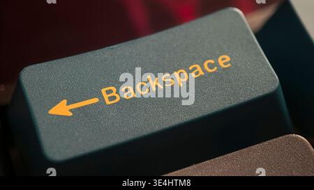 Close-up of computer keyboard backspace key with yellow text and arrow Stock Photo