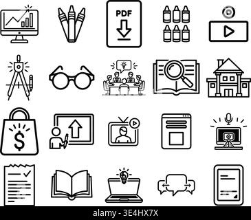 collection of icons representing various educational, professional, and digital activities in a simple, stylized format Stock Vector