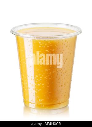 Disposable plastic glass of cold orange juice isolated on white background Stock Photo
