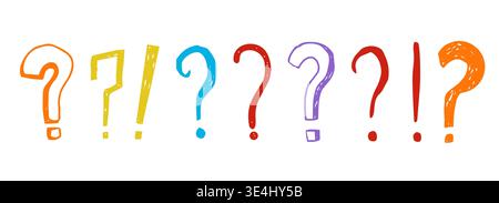 Question mark chalk hand drawn set, crayon texture doodle sketch. Question marks with speech bubbles, punctuation signs for collage. Vector illustration Stock Vector