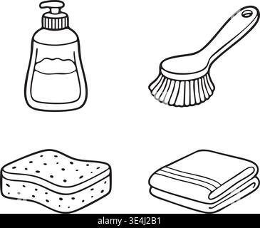 A monochrome hand drawn illustration featuring essential household cleaning tools Stock Vector