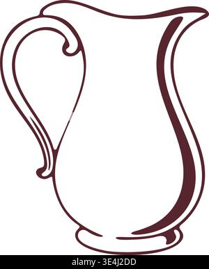 Elegant line illustration of a decorative ceramic pitcher with a curved handle flowing spout and rounded base. Stock Vector