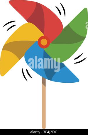 Bright illustration of a colorful spinning pinwheel with four curved blades mounted on a thin stick. Stock Vector