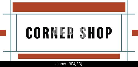 Decorative signboard illustration featuring corner shop text centered inside a rectangular frame with thin vertical supports and horizontal accent bar Stock Vector