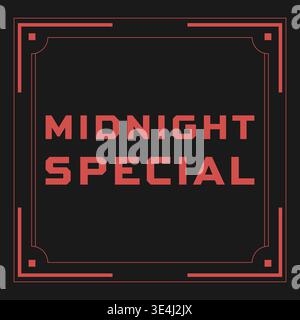 Decorative poster illustration featuring midnight special text centered within a dark rectangular panel framed by thin art deco style border lines and Stock Vector