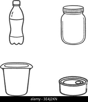 A black and white hand drawn collection of food and beverage containers Stock Vector