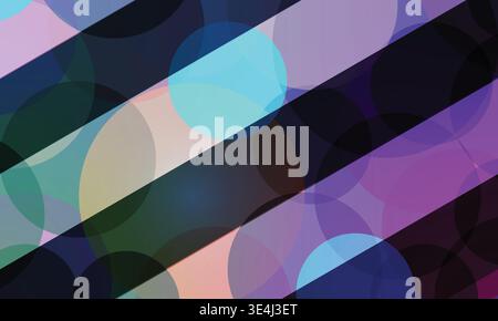 Abstract background with overlapping colorful transparent circles and diagonal stripes, modern artistic design. Stock Vector