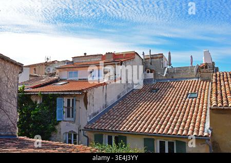 Tiled roofs of old houses on Rue Sainte-Espiritu in Antibes in France Stock Photo
