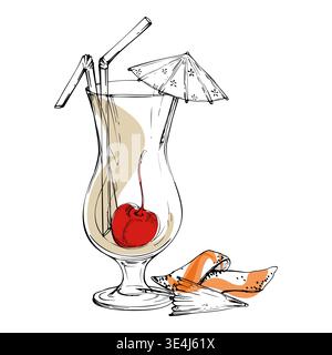 Minimal vector Pina Colada, creamy milkshake hurricane glass with cherry fruit, lemon zest peel, straws and paper umbrellas. Hand drawn in ink for Stock Vector