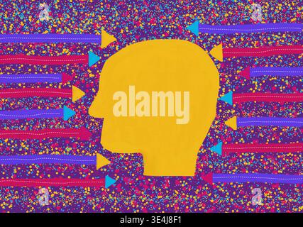 Colorful abstract illustration of a human head profile against rhythmic lines like encoded signals, symbolizing information processing, data flow and Stock Photo