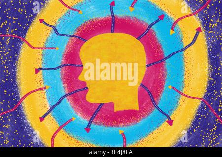 Abstract head silhouette centered in radiant rings, encircled by energetic orbits and arrows, symbolizing human interaction with the digital environme Stock Photo