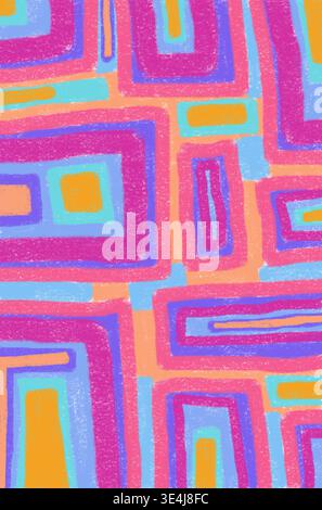 Vibrant decorative abstract pattern of layered geometric blocks and maze-like lines in pink, purple, teal and orange, with a textured finish for moder Stock Photo