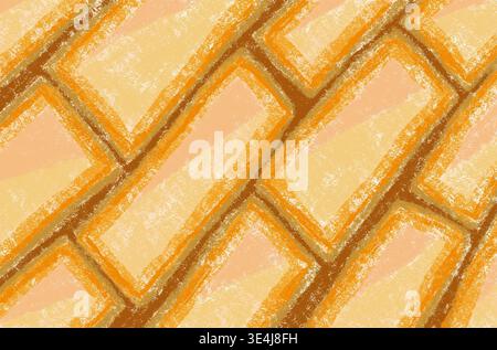 Vibrant decorative geometric pattern of hand-drawn orange tiles with textured shading and warm tones, ideal for backgrounds, wrapping paper, textiles, Stock Photo