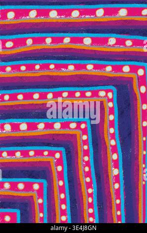 Decorative vibrant abstract pattern with layered stripes and dotted accents in bold neon pink, blue, purple and orange. Ideal for background, textile, Stock Photo