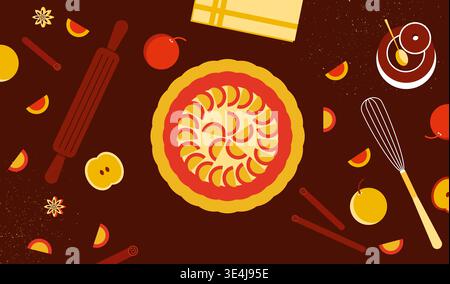 A flat vector illustration depicting the preparation of a homemade pie. The composition features fresh, locally sourced organic ingredients including Stock Photo