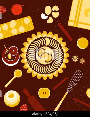 A vertical flat vector illustration depicting a raw, assembled apple tart in a yellow dish surrounded by baking ingredients. Features fresh apples, le Stock Photo