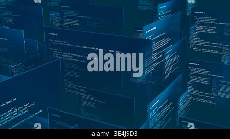 Multiple screens show programming code related to artificial intelligence processing. Stock Photo