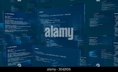 Multiple screens show programming code related to artificial intelligence processing. Stock Photo