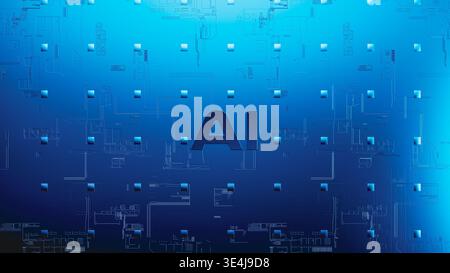 Blue background shows AI design with digital patterns and shapes. This setting highlights the components of AI technology. Stock Photo