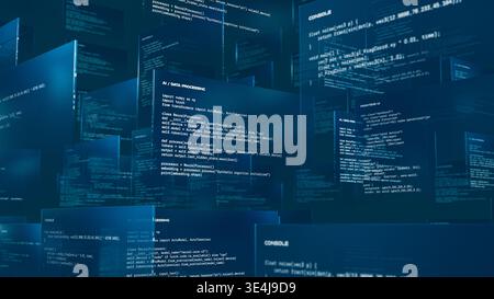 Multiple screens show programming code related to artificial intelligence processing. Stock Photo