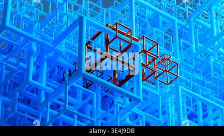 Background of a vast arrangement of 3D geometric shapes, primarily cubes, in a complex pattern. The focus is on the interplay of blue and red elements Stock Photo