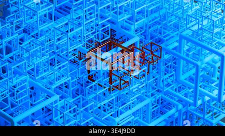Background of a vast arrangement of 3D geometric shapes, primarily cubes, in a complex pattern. The focus is on the interplay of blue and red elements Stock Photo